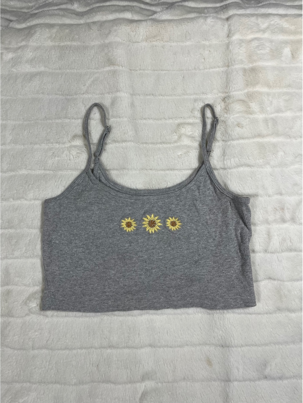 Hollister M Slim Grey Yellow Embroidered Sunflower Floral Baby Cami Cropped Tank